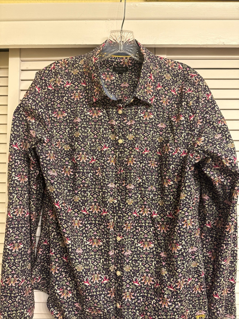 Talbots Navy Button-Down Shirt with Pink & Cream Floral Print Women’s Sz 14